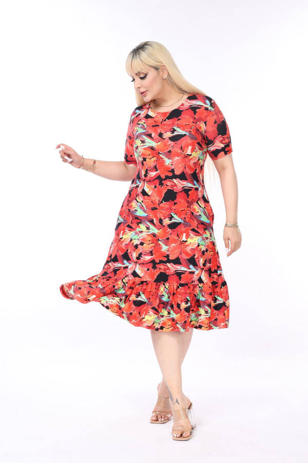 Red Patterned Skirt Frilled Pocket Plus Size Dress - 2
