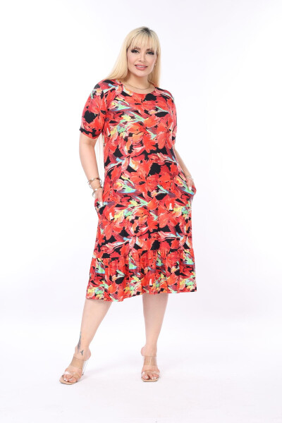 Red Patterned Skirt Frilled Pocket Plus Size Dress - 4