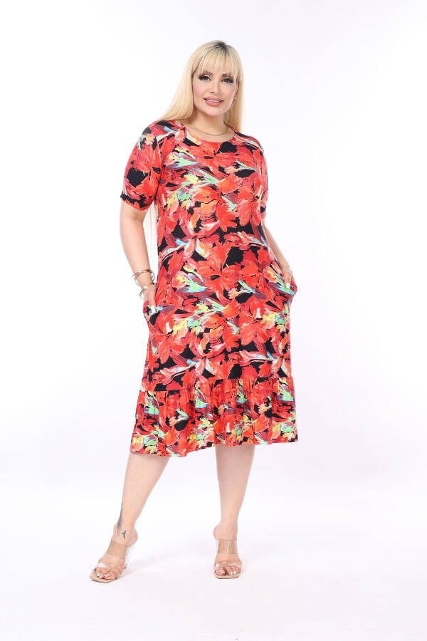 Red Patterned Skirt Frilled Pocket Plus Size Dress - 4