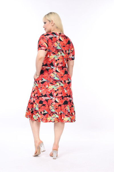 Red Patterned Skirt Frilled Pocket Plus Size Dress - 6