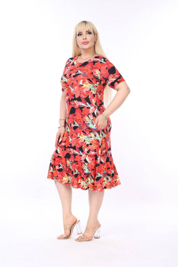 Red Patterned Skirt Frilled Pocket Plus Size Dress - 7