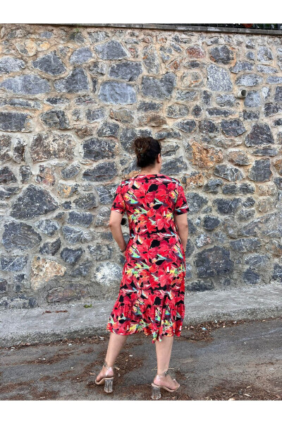 Red Patterned Skirt Ruffle Plus Size Dress - 4