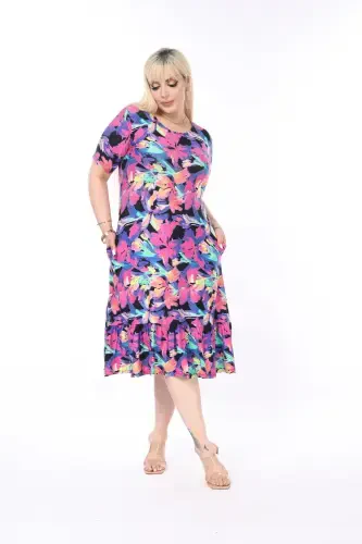 Red Patterned Skirt Ruffled Pocket Plus Size Dress-BLUE - 1