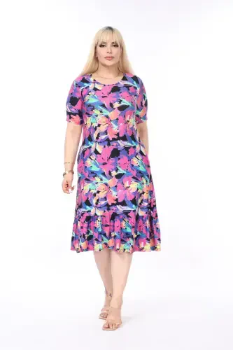 Red Patterned Skirt Ruffled Pocket Plus Size Dress-BLUE - MJORA (1)