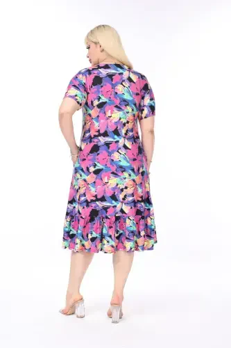 Red Patterned Skirt Ruffled Pocket Plus Size Dress-BLUE - 4