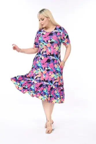 Red Patterned Skirt Ruffled Pocket Plus Size Dress-BLUE - 5