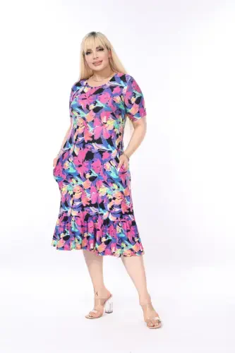 Red Patterned Skirt Ruffled Pocket Plus Size Dress-BLUE - 7