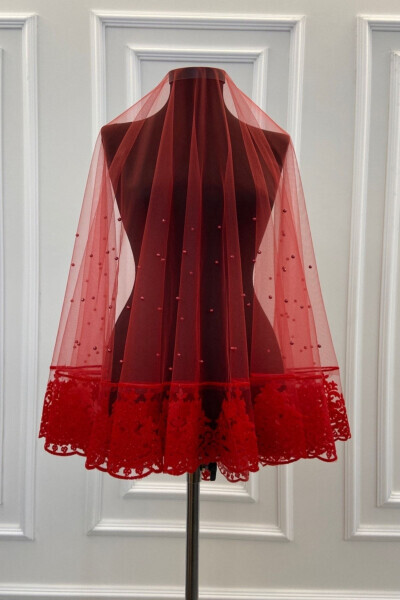 Red Pearl Flock Print Sequined Bridal Veil Set - ZEYMERADE