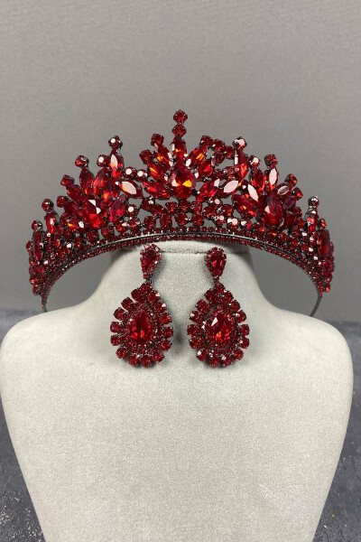 Red Pera Bridal Henna Crown and Drop Dress Earrings - 9