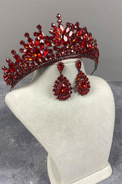 Red Pera Bridal Henna Crown and Drop Dress Earrings - 11