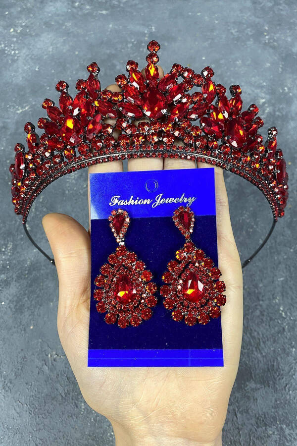 Red Pera Bridal Henna Crown and Drop Dress Earrings - 6