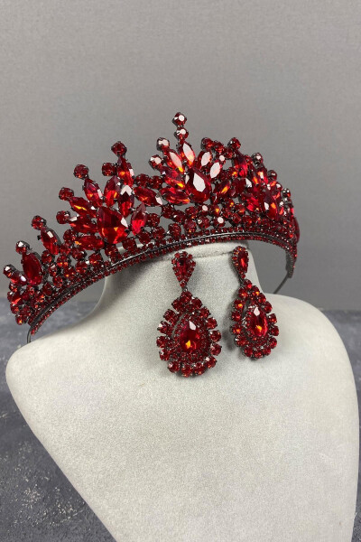 Red Pera Bridal Henna Crown and Drop Dress Earrings - 8