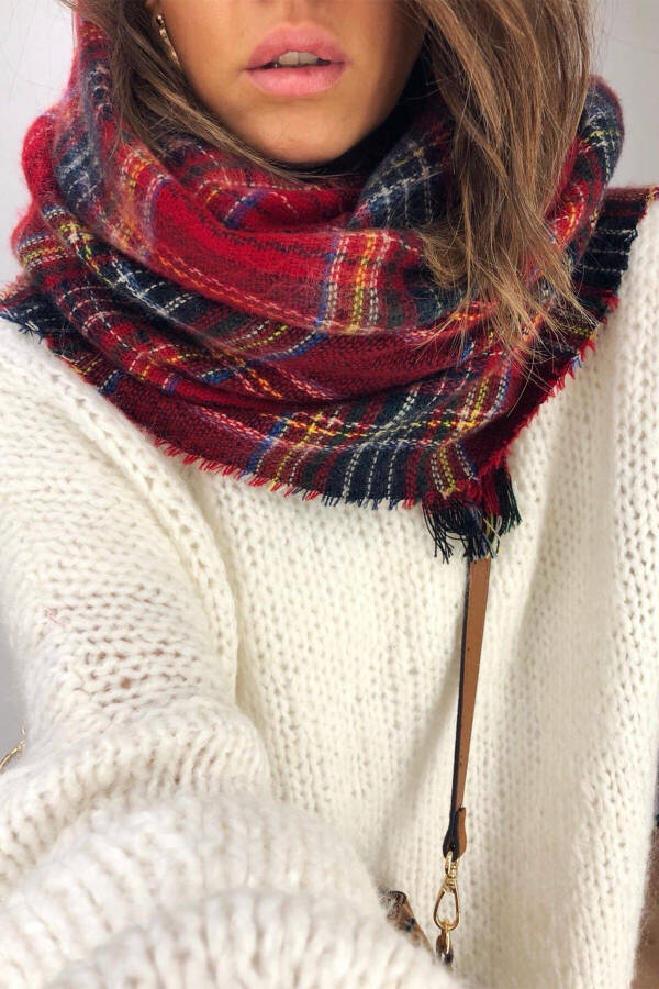 Red Plaid Soft Textured Scarf - 1