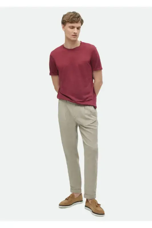 Red Plain Bicycle Collar 100% Linen T-Shirt - 2