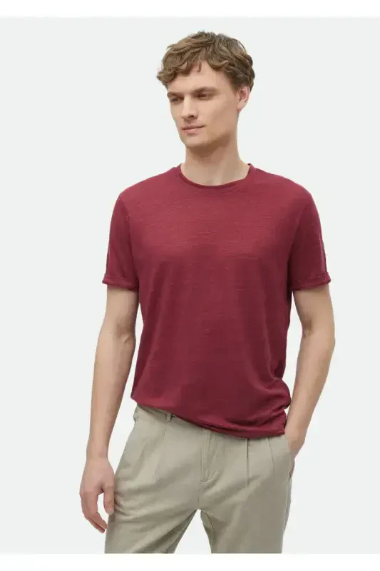 Red Plain Bicycle Collar 100% Linen T-Shirt - 3