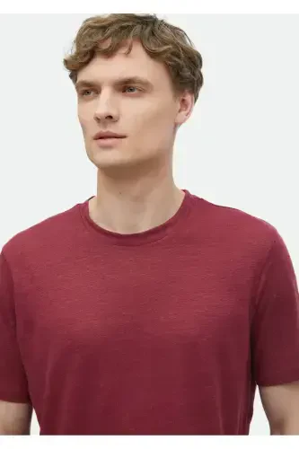 Red Plain Bicycle Collar 100% Linen T-Shirt - 4