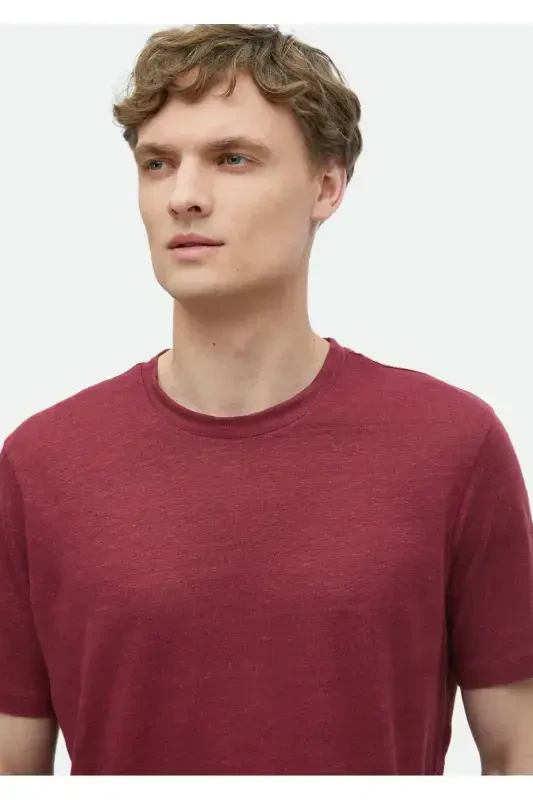 Red Plain Bicycle Collar 100% Linen T-Shirt - 4