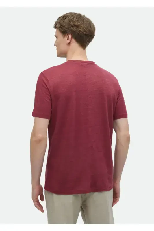 Red Plain Bicycle Collar 100% Linen T-Shirt - 5