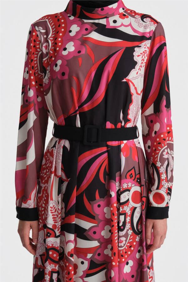 Red pleated and patterned dress (24K9907) - 11