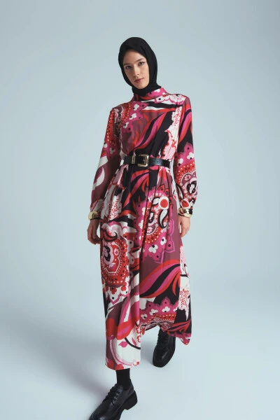 Red pleated and patterned dress (24K9907) - ARMINE