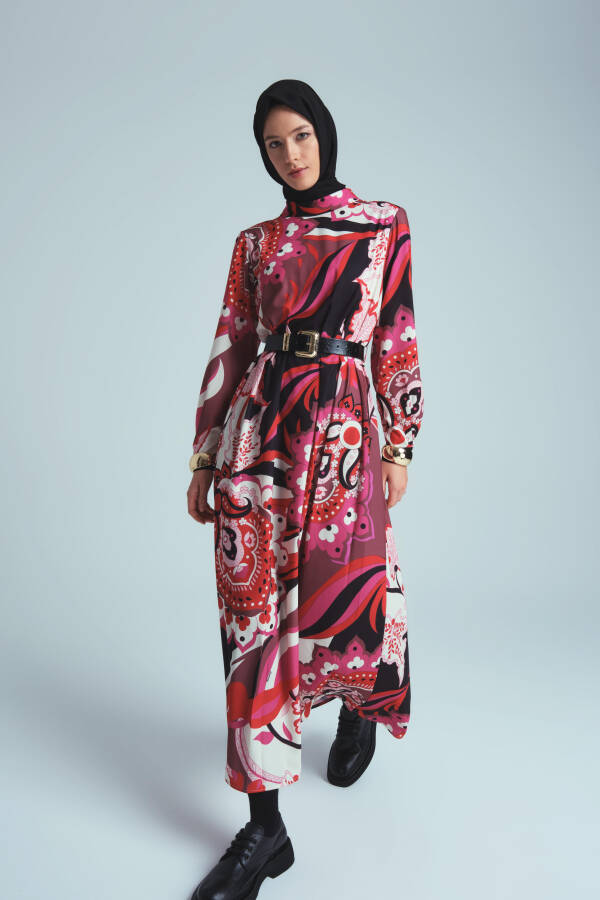 Red pleated and patterned dress (24K9907) - 1