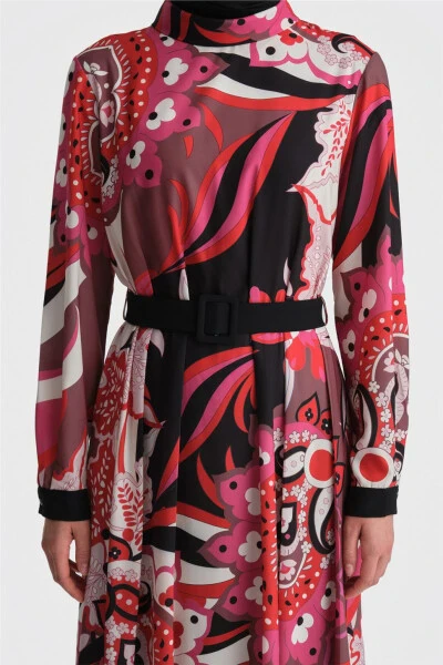 Red pleated and patterned dress (24K9907) - 5