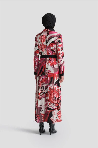 Red pleated and patterned dress (24K9907) - 6