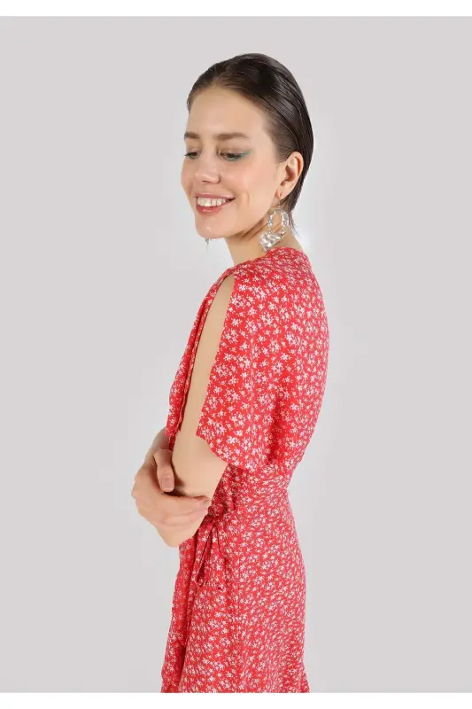 Red pleated women's dress - 5