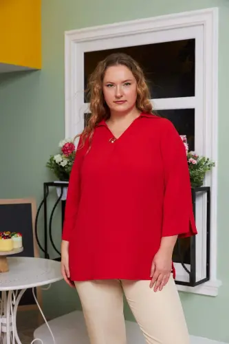 Red Plus Size Blouse with Collar Detail - 1
