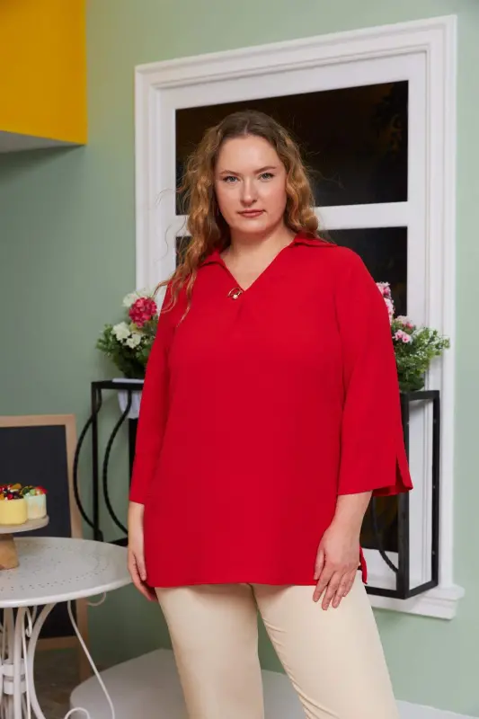 Red Plus Size Blouse with Collar Detail - BÜYÜKBEDENIZ