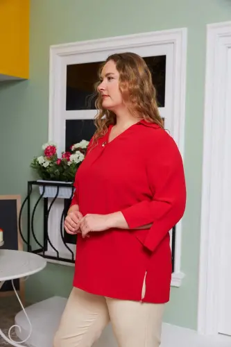 Red Plus Size Blouse with Collar Detail - BÜYÜKBEDENIZ (1)
