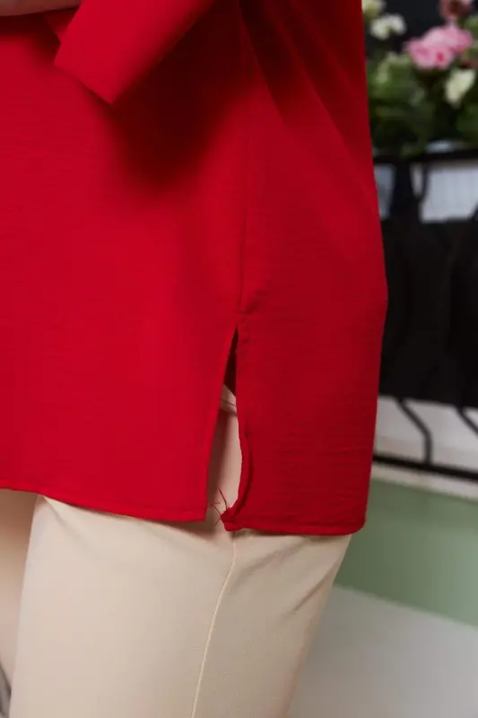 Red Plus Size Blouse with Collar Detail - 3
