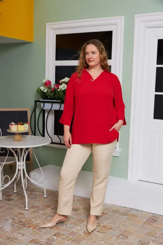 Red Plus Size Blouse with Collar Detail - 4