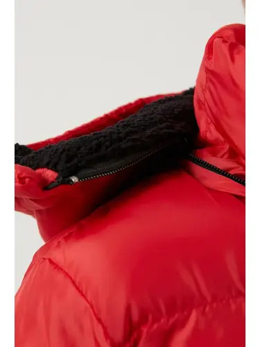 Red Plush Lined Removable Hooded Puffer Jacket 57611967-Red - 4