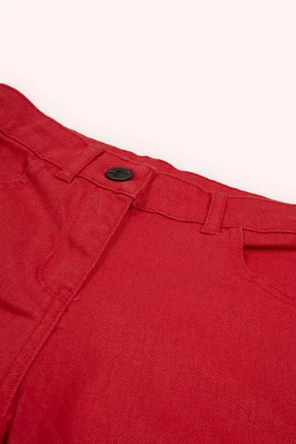 Red Pocketed Girls' Denim Pants - 3