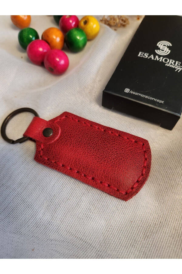 Red Rectangular Stitched Snap Button Genuine Leather Keychain, Accessory, Father's Day Special - 1