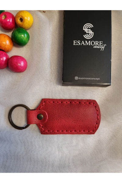 Red Rectangular Stitched Snap Button Genuine Leather Keychain, Accessory, Father's Day Special - 3