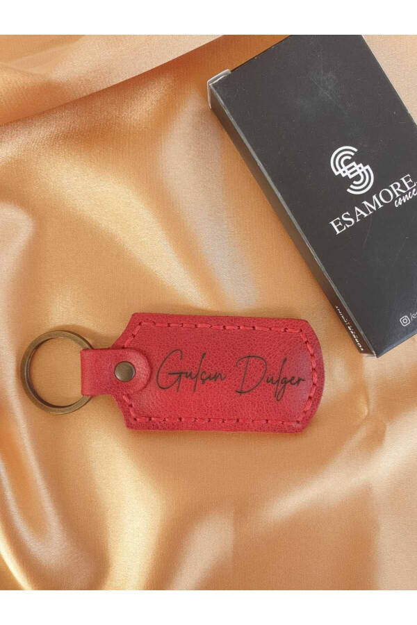 Red Rectangular Stitched Snap Button Genuine Leather Keychain, Accessory, Father's Day Special - 5