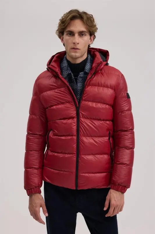 Red Regular Fit Hooded Padded Winter Coat - 1