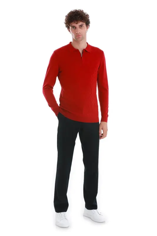 Red Regular Fit Jacquard Polo Neck Wool Knitwear - 2