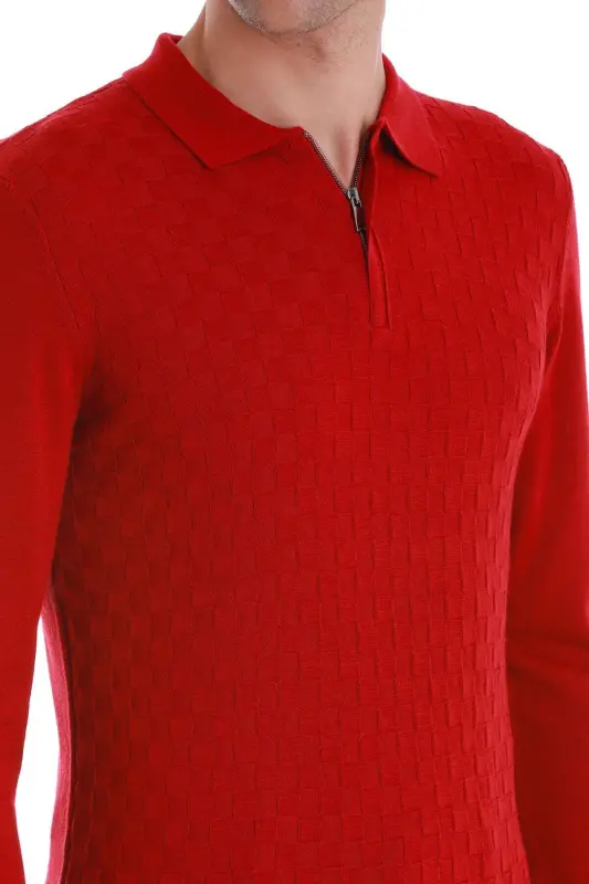 Red Regular Fit Jacquard Polo Neck Wool Knitwear - 5