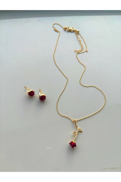 Red Rose Gold Necklace Earring Set Valentine's Day Gift Birthday Gift Rose Necklace Earring - SALTOS