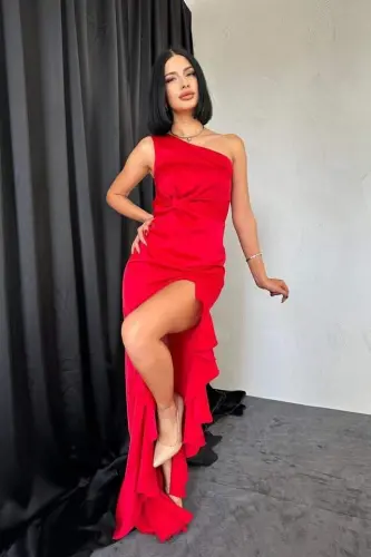 Red Ruffled Satin Evening Dress - BÜYÜKBEDENIZ (1)