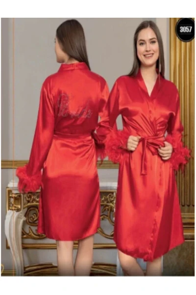 Red Satin Feathered Bride Robe - NATHALIE LINGERIE