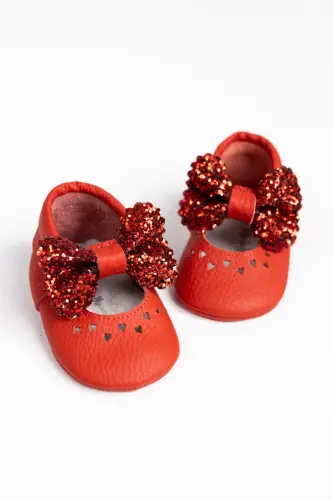 Red Sequined Bow Leather Baby Girl Moccasins 