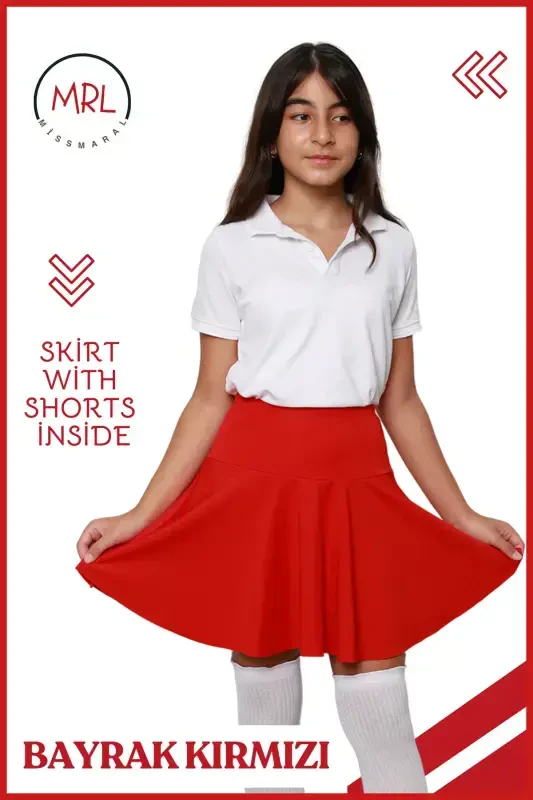 Red Shorts Skirt High Waist School Play Show Holiday Pool Sea Activity Skirt With Shorts 4101-RED - 5