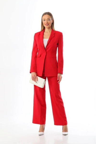 Red Single Button Blazer Jacket With Belt Pockets Palazzo Pants Suit - DIAVES ORIGINAL DESIGNS