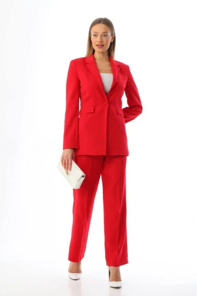 Red Single Button Blazer Jacket With Belt Pockets Palazzo Pants Suit - DIAVES ORIGINAL DESIGNS (1)