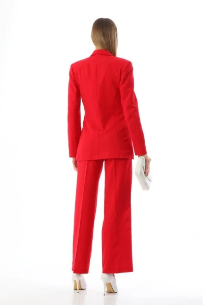 Red Single Button Blazer Jacket With Belt Pockets Palazzo Pants Suit - 6