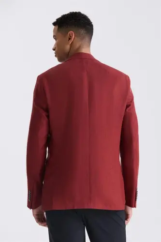 Red Slim Fit Mono Collar Linen Blazer - 4